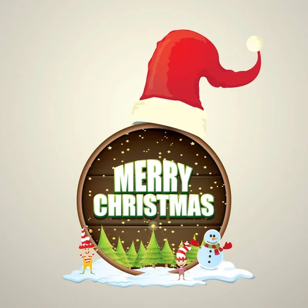 Karácsonyi címke piros santa kalap, fa, hó, hóember rajzfilm, gyerekek tündék és üdvözlő szöveget a fa kerek jel háttér vektor. vektor vidám karácsonyi kártya vagy banner — Stock Vector
