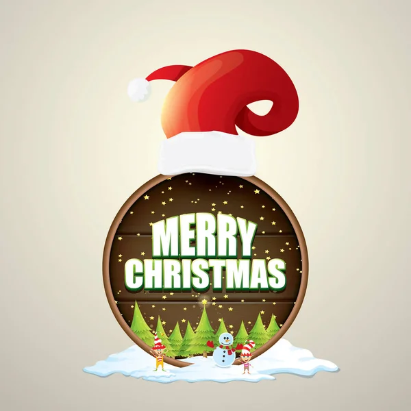 Vector jul etikett med röda santa hatt, träd, snö, tecknad snögubbe, barnen älvor och hälsningstext på runda träskylt bakgrund. Vector merry christmas card eller banner — Stock vektor