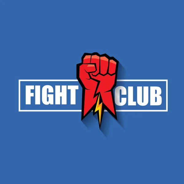 Lucha club vector logo con puño hombre rojo aislado sobre fondo azul. Plantilla de diseño de artes marciales mixtas MMA — Vector de stock