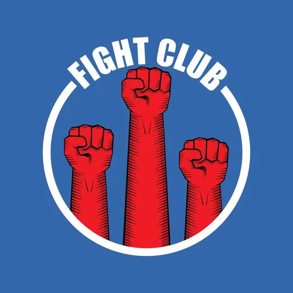 Lucha club vector logo con puño hombre rojo aislado sobre fondo azul. Plantilla de diseño de artes marciales mixtas MMA — Vector de stock