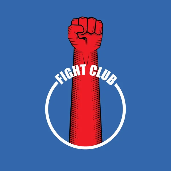 fight club vector logo with red man fist isolated on blue background. MMA Mixed martial arts design template