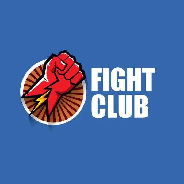 fight club vector logo with red man fist isolated on blue background. MMA Mixed martial arts design template