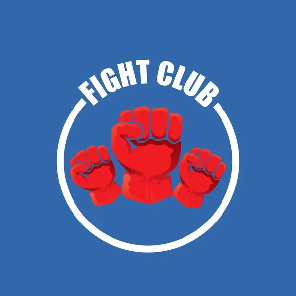 Fight club vector logo with red man fist isolated on blue background. MMA Mixed martial arts design template — Stock Vector