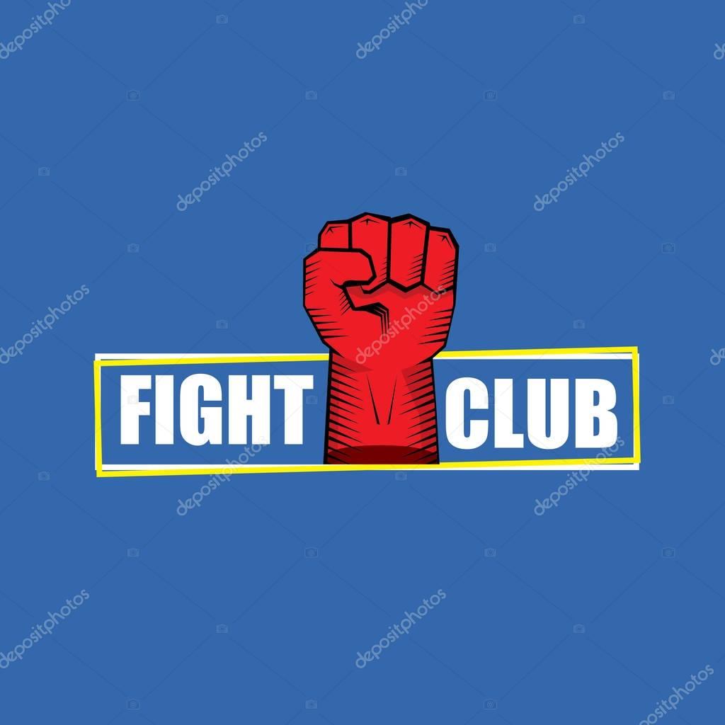 Fight club vector logo with red man fist isolated on blue background. MMA Mixed martial arts concept design template