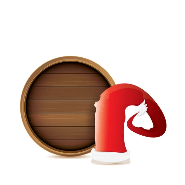 Векторный красный Санта шляпа с кругом деревянная доска знак изолирован на белом фоне. векторная рождественская открытка, шаблон оформления баннера или фон Xmas . — стоковый вектор
