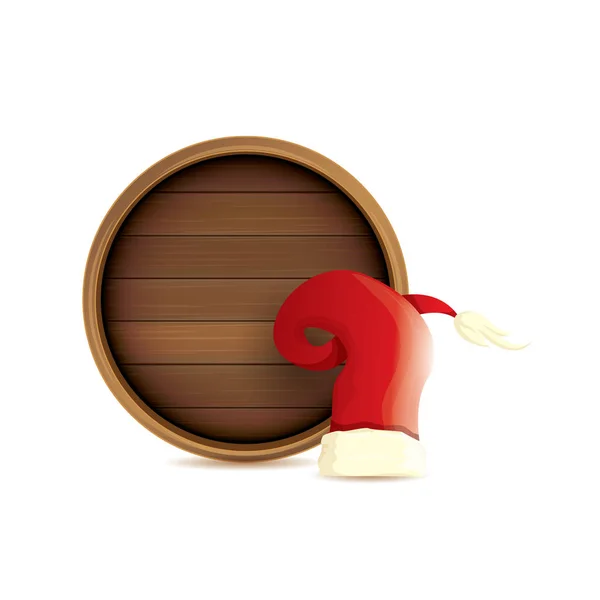 Векторный красный Санта шляпа с кругом деревянная доска знак изолирован на белом фоне. векторная рождественская открытка, шаблон оформления баннера или фон Xmas . — стоковый вектор