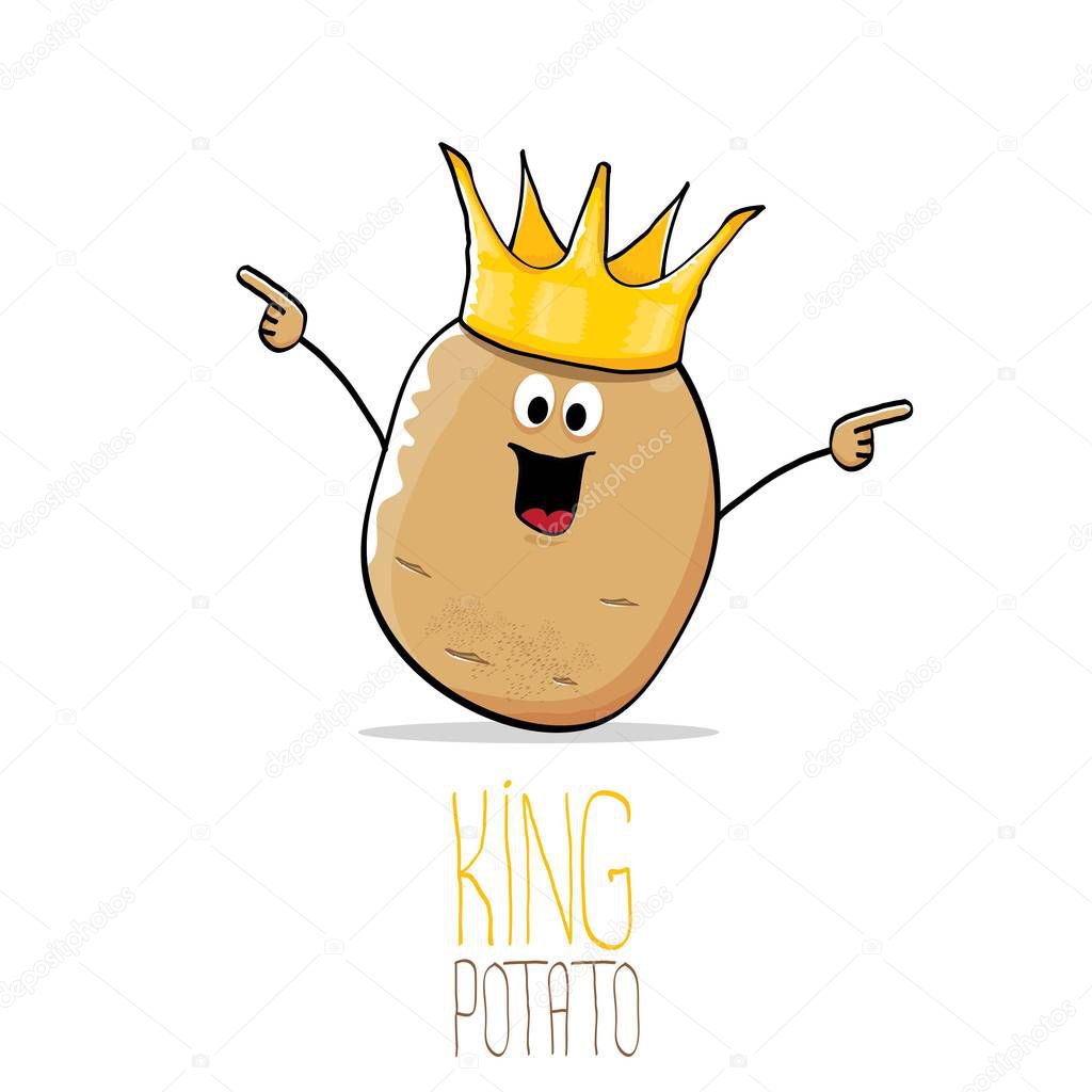 Vector funny cartoon cool cute brown smiling king potato with gold crown isolated on white background. vegetable funky character