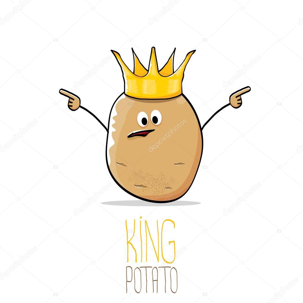 Vector funny cartoon cool cute brown smiling king potato with gold crown isolated on white background. vegetable funky character