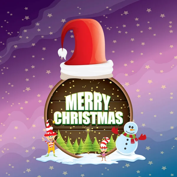 Vector jul etikett med röda santa hatt, träd, snö, tecknad snögubbe, barnen älvor, stjärnklara natthimlen och hälsning text på runda träskylt bakgrund. Vector merry christmas card — Stock vektor