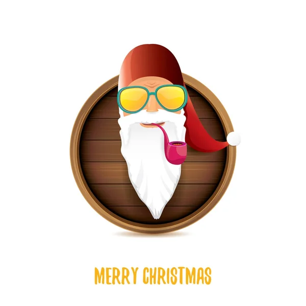 Vector slechte rock n roll dj Kerstman met rookpijp, funky baard en groet kalligrafische tekst op oude vintage cirkel houten plank teken. Partij hipster Kerstaffiche — Stockvector