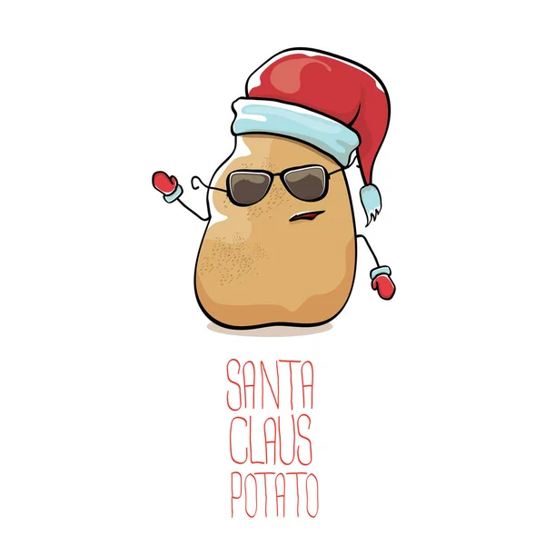 Vector funky comic cartoon cute brown smiling santa claus potato with red santa hat isolated on white background. vegetable funky christmas character — Stock Vector