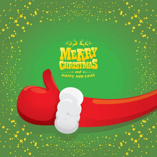 Вектор funky мультфільмів, Санта-Клауса як значок боку ізольовані на зеленому тлі з зірками. великі пальці вгору Санта рука символ. Веселого Різдва листівка або плакат партії — стоковий вектор