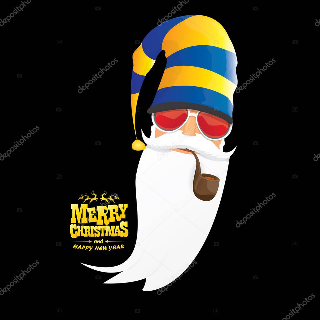vector bad rock n roll dj santa claus with smoking pipe, beard and greeting gold christmas calligraphic text isolated on black background. Christmas rock hipster party poster background
