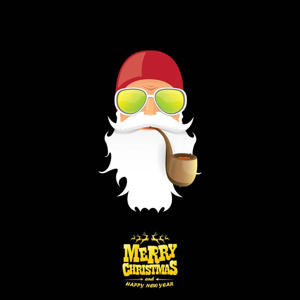 Vector bad rock n roll dj santa claus con pipa humeante, barba y saludo de oro navidad texto caligráfico aislado sobre fondo negro. Navidad rock hipster partido cartel fondo — Archivo Imágenes Vectoriales