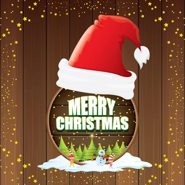 Karácsonyi címke piros santa kalap, fa, hó, hóember rajzfilm, gyerekek elfek, éjszakai csillagos eget és üdvözlő szöveg fa kerek jel háttér vektor. vektor vidám karácsonyi kártya — Stock Vector