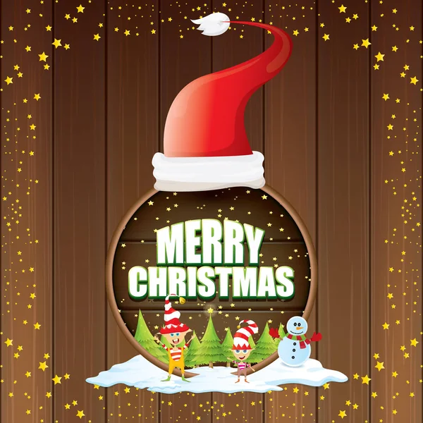 Vektor-Weihnachtsetikett mit rotem Weihnachtsmann, Baum, Schnee, Cartoon-Schneemann, Kinderelfen, nächtlichem Sternenhimmel und Grußtext auf hölzernem, rundem Schilderhintergrund. Vektor frohe Weihnachten Karte — Stockvektor
