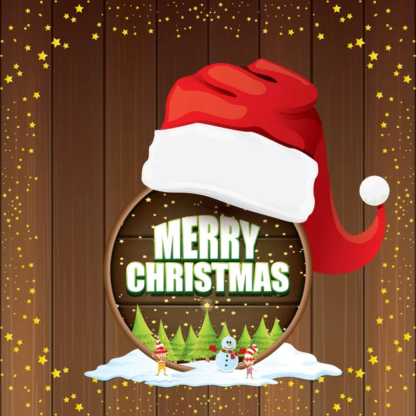 Vector de la etiqueta de Navidad con sombrero de santa rojo, árbol, nieve, muñeco de nieve de dibujos animados, los elfos de los niños, cielo estrellado noche y texto de saludo sobre fondo de madera signo redondo. vector feliz tarjeta de Navidad — Vector de stock