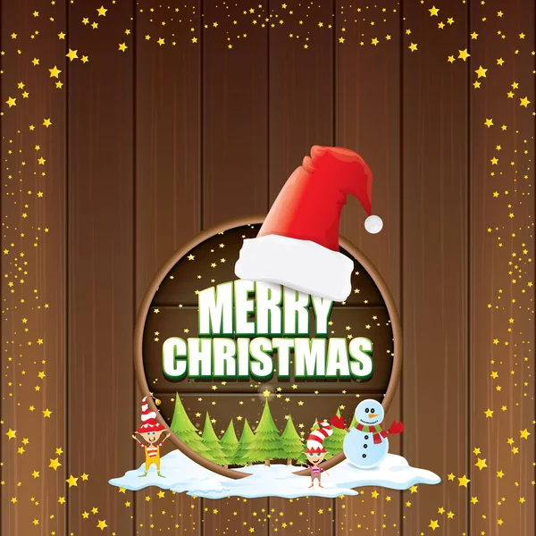 Vector Χριστούγεννα ετικέτα με κόκκινο καπέλο santa, δέντρο, χιόνι, χιονάνθρωπος καρτούν, ξωτικά παιδιά, έναστρο νυχτερινό ουρανό και κείμενο χαιρετισμού σε φόντο ξύλινη στρογγυλή πινακίδα. merry Χριστουγεννιάτικη κάρτα διάνυσμα — Διανυσματικό Αρχείο