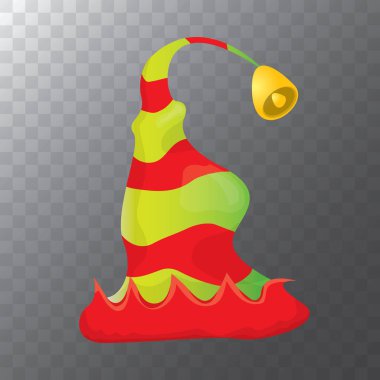 vektör funky kırmızı ve soyulmuş karikatür Noel elf yeşil şeffaf arka plan üzerinde izole şapka. vektör çocuklar renkli elf şapka simgesini veya etiket. Noel dekoratif öğe