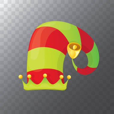 vektör funky kırmızı ve soyulmuş karikatür Noel elf yeşil şeffaf arka plan üzerinde izole şapka. vektör çocuklar renkli elf şapka simgesini veya etiket. Noel dekoratif öğe