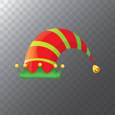 vektör funky kırmızı ve soyulmuş karikatür Noel elf yeşil şeffaf arka plan üzerinde izole şapka. vektör çocuklar renkli elf şapka simgesini veya etiket. Noel dekoratif öğe