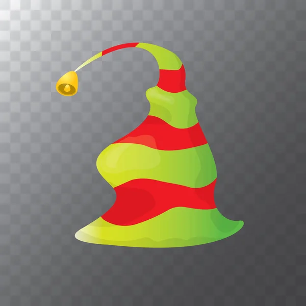 ベクトルのファンキーな赤と緑のストリップ漫画クリスマス エルフ帽子透明な背景に分離されました。ベクター子供カラフルなエルフ帽子アイコンまたはラベル。クリスマス装飾的なデザイン要素 — ストックベクタ