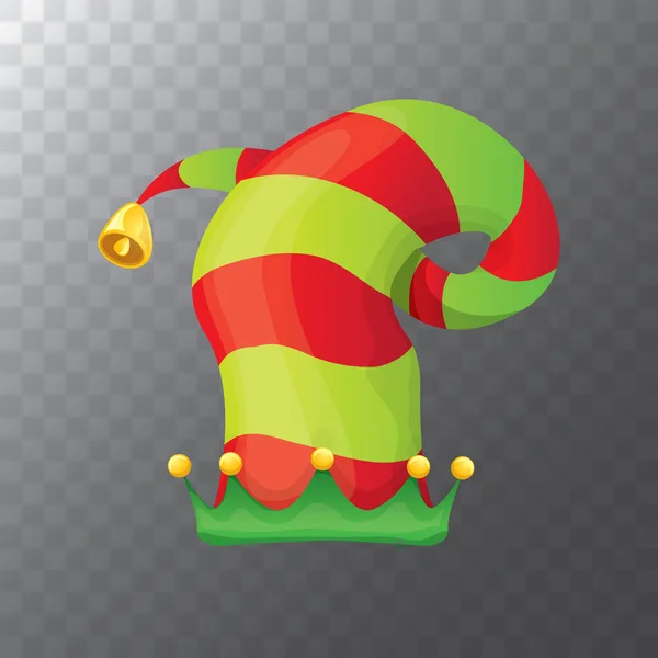 Vector funky rood en groen gestripte cartoon kerst elf hoed geïsoleerd op transparante achtergrond. vector kinderen kleurrijke elf hoed pictogram of label. Kerst decoratieve ontwerpelement — Stockvector