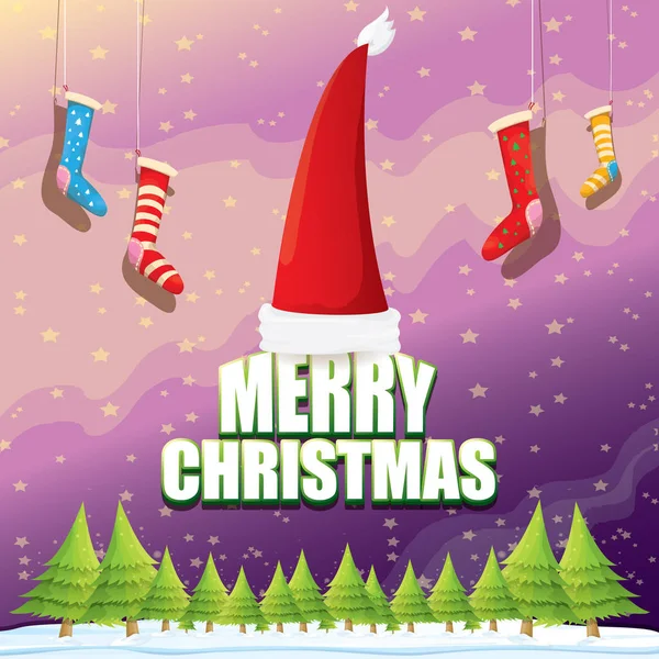 Vector Χριστούγεννα ευχετήρια κάρτα με κόκκινο καπέλο santa, χριστουγεννιάτικα δέντρα, χιόνι, έναστρο ουρανό νύχτας, χειμώνα χιονισμένο τοπίο και κείμενο χαιρετισμού. διάνυσμα χαρούμενα Χριστούγεννα φόντο ή πανό — Διανυσματικό Αρχείο