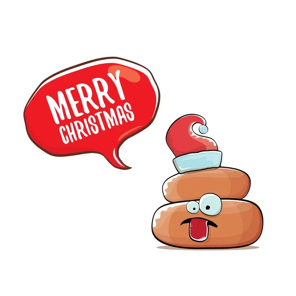Vecteur drôle dessin animé cool mignon brun souriant icône de caca avec santa chapeau rouge et bulle de la parole isolé sur fond blanc. caractère de Noël funky . — Image vectorielle