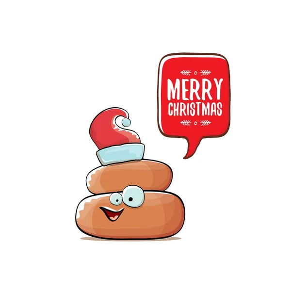 Vetor engraçado desenho animado legal bonito marrom sorrindo ícone poo com chapéu vermelho santa e bolha de fala isolado no fundo branco. funky personagem de Natal . — Vetor de Stock