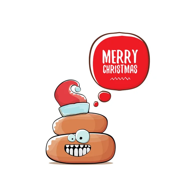 Vetor engraçado desenho animado legal bonito marrom sorrindo ícone poo com chapéu vermelho santa e bolha de fala isolado no fundo branco. funky personagem de Natal . — Vetor de Stock