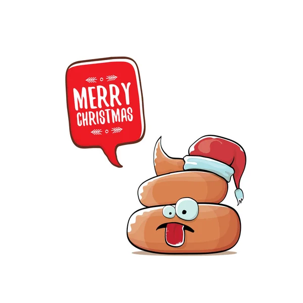 Vetor engraçado desenho animado legal bonito marrom sorrindo ícone poo com chapéu vermelho santa e bolha de fala isolado no fundo branco. funky personagem de Natal . — Vetor de Stock