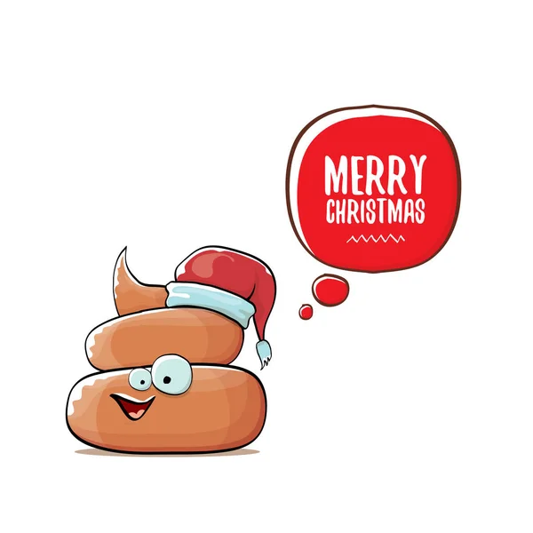 Vektor lustige Karikatur cool niedlich braun lächelnd Poo-Symbol mit Weihnachtsmann roten Hut und Sprechblase isoliert auf weißem Hintergrund. Funkiger Weihnachtscharakter. — Stockvektor