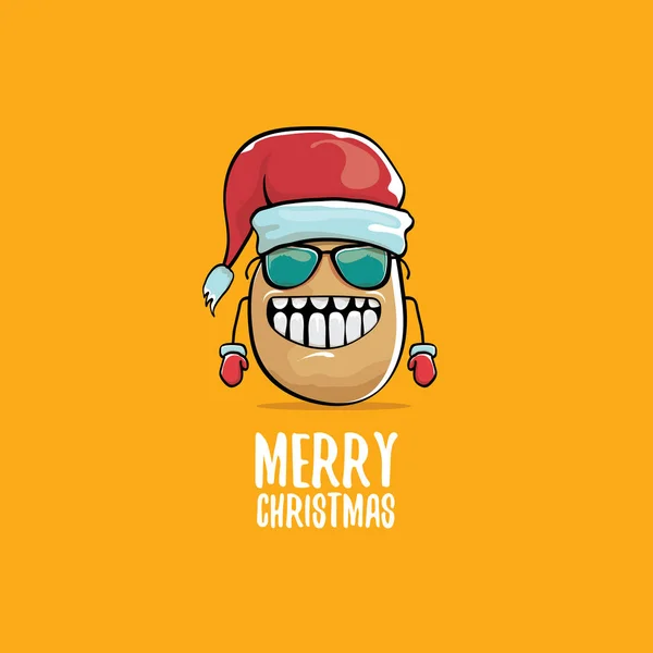 Vector funky comic cartoon cute brown smiling santa claus potato with red santa hat and calligraphic merry christmas text isolated on orange background. vector funky christmas character — Stock Vector
