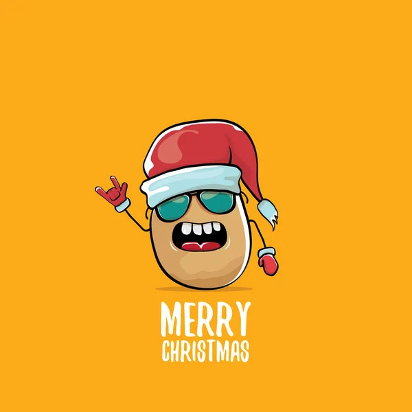 Vector funky historieta caricatura lindo marrón sonriente papa santa claus con sombrero de santa rojo y caligrafía feliz navidad texto aislado sobre fondo naranja. vector funky carácter navidad — Archivo Imágenes Vectoriales