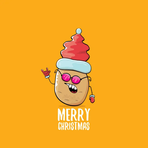 Wektor funky komiks kreskówka ładny brązowy uśmiechający się santa claus ziemniak z red santa hat i kaligraficzne merry christmas tekst na białym tle na pomarańczowym tle. Zarejestruj Vector funky Boże Narodzenie — Wektor stockowy