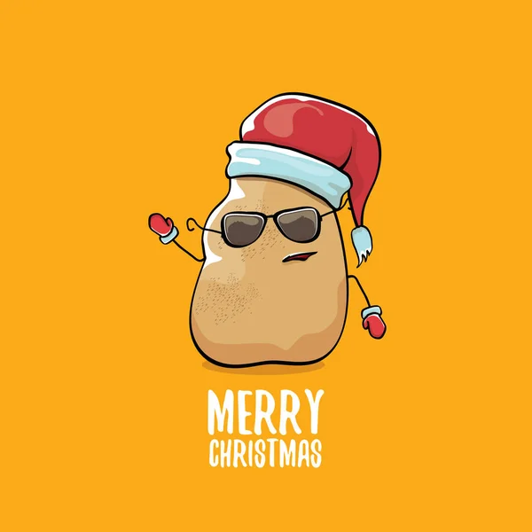 Vector funky comic cartoon cute brown smiling santa claus potato with red santa hat and calligraphic merry christmas text isolated on orange background. vector funky christmas character — Stock Vector