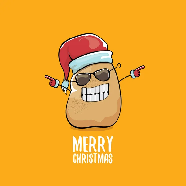 Vector funky comic cartoon cute brown smiling santa claus potato with red santa hat and calligraphic merry christmas text isolated on orange background. vector funky christmas character — Stock Vector