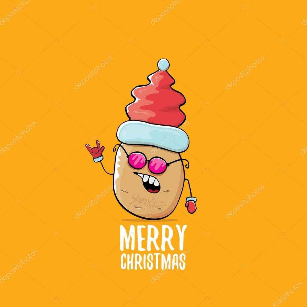 Vector funky comic cartoon cute brown smiling santa claus potato with red santa hat and calligraphic merry christmas text isolated on orange background. vegetable funky christmas character