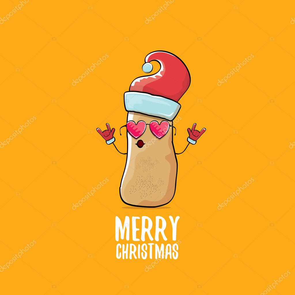 Vector funky comic cartoon cute brown smiling santa claus potato with red santa hat and calligraphic merry christmas text isolated on orange background. vegetable funky christmas character