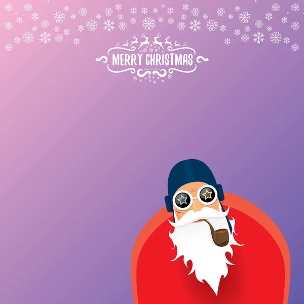 Vector DJ rock n roll santa claus con pipa humeante, barba de santa y sombrero de santa funky aislado sobre fondo cuadrado de Navidad violetred con copos de nieve. Cartel, pancarta o tarjeta de fiesta hipster navideño . — Archivo Imágenes Vectoriales