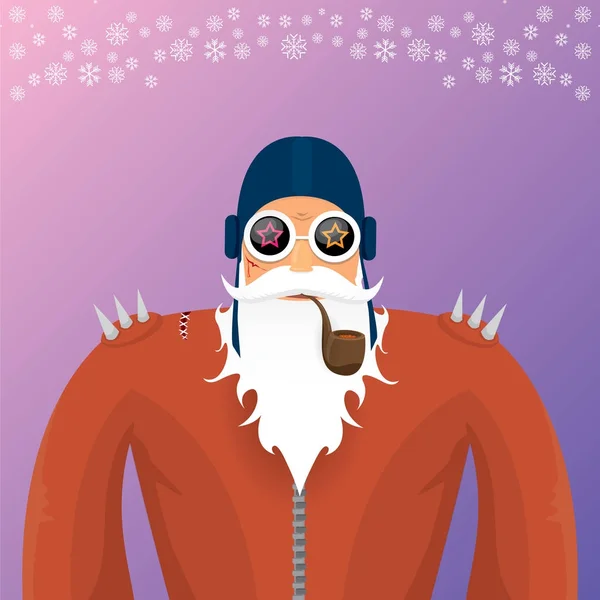 Vektor DJ rock n roll santa claus med rygerør, santa skæg og funky santa hat isoleret på violetred jul firkantet baggrund med snefnug. Jul hipster fest plakat, banner eller kort . – Stock-vektor