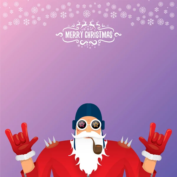 Vettore DJ rock n roll Babbo Natale con pipa fumante, barba di Babbo Natale e funky cappello di Babbo Natale isolato su sfondo quadrato di Natale viola con fiocchi di neve. Manifesto, banner o cartolina natalizia per feste hipster . — Vettoriale Stock