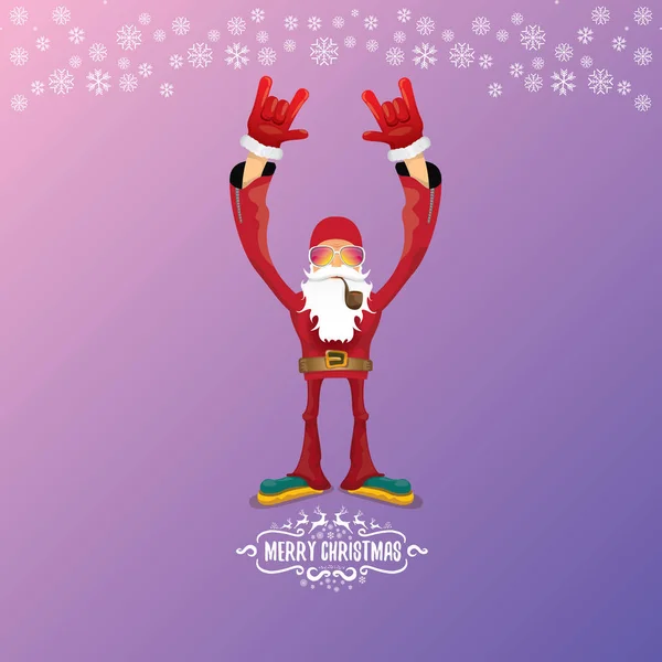 Vector DJ rock n roll santa claus com cachimbo para fumar, barba de santa e chapéu de santa funky isolado em fundo violeta quadrado de natal com flocos de neve. Natal hipster festa cartaz, banner ou cartão . — Vetor de Stock