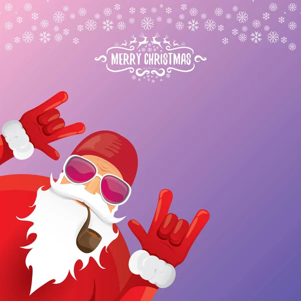 Vector DJ rock n roll santa claus with smoking pipe, santa beard and funky santa hat isolated on violetred christmas square background with snowflakes. Christmas hipster party poster, banner or card. — Stock Vector