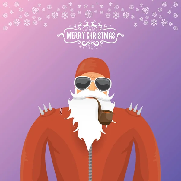 Vektor DJ rock n roll santa claus med rygerør, santa skæg og funky santa hat isoleret på violetred jul firkantet baggrund med snefnug. Jul hipster fest plakat, banner eller kort . – Stock-vektor