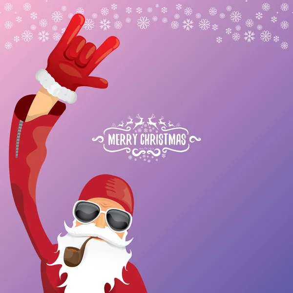 Vector DJ rock n roll santa claus with smoking pipe, santa beard and funky santa hat isolated on violetred christmas square background with snowflakes. Christmas hipster party poster, banner or card. — Stock Vector