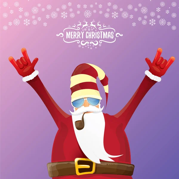 Vector DJ rock n roll santa claus con pipa humeante, barba de santa y sombrero de santa funky aislado sobre fondo cuadrado de Navidad violetred con copos de nieve. Cartel, pancarta o tarjeta de fiesta hipster navideño . — Vector de stock