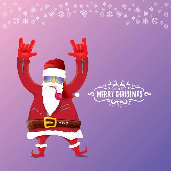 Vector Dj rock n ' roll Βασίλη με πίπας, γενειάδα santa και funky καπέλο santa απομονώνονται σε violetred Χριστουγεννιάτικη πλατεία φόντο με νιφάδες χιονιού. Χριστούγεννα hipster κόμμα αφίσας, πανό ή κάρτα. — Διανυσματικό Αρχείο