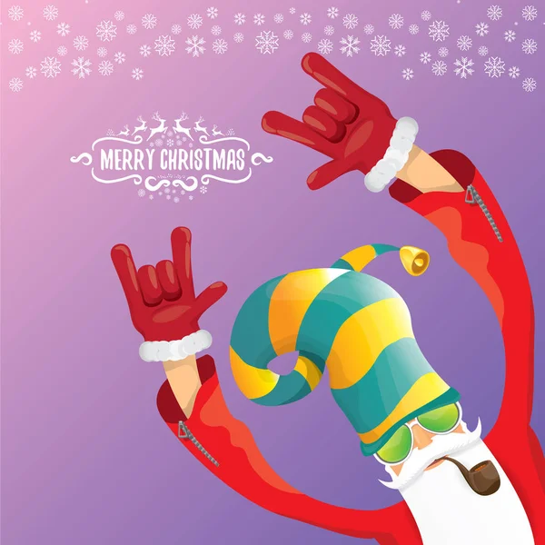 Vecteur DJ rock n roll santa claus avec pipe fumante, barbe de santa et chapeau de santa funky isolé sur fond carré violette de Noël avec flocons de neige. Affiche, bannière ou carte de Noël hipster party . — Image vectorielle